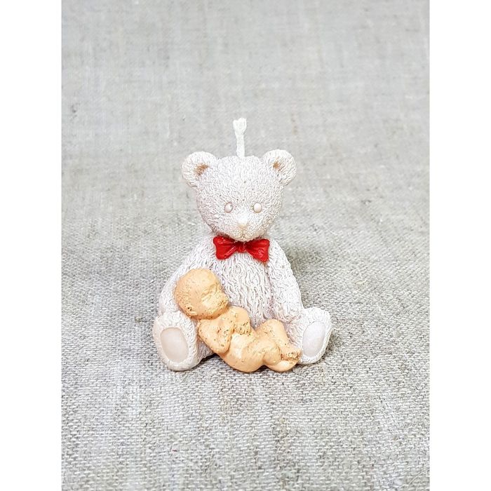 Свеча "Мишка с младенцем" 5*5,5 бант красный