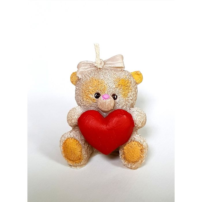 Свеча "Мишка с сердечком" 5см бант бежевый