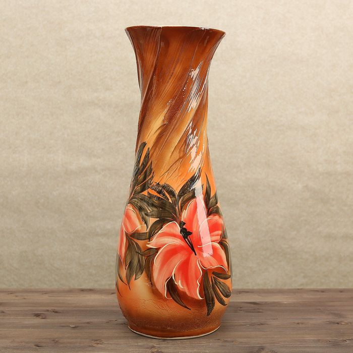 Ваза напольная "Осень" роспись, кора, лилии