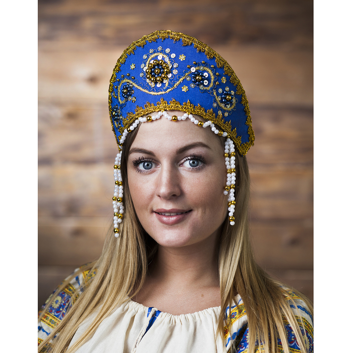 Кокошник "Алина" синий, тесьма МИКС