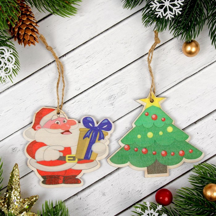 Подвеска новогодняя с цветным принтом "Дед мороз", набор 2 шт.