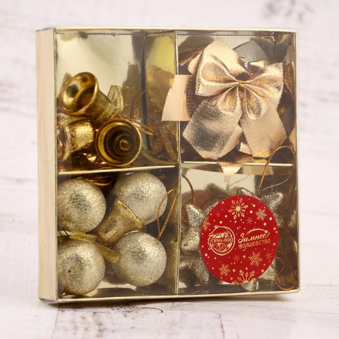 фото Набор украшений пластик 16 шт "сюрприз" (4 колокол, 4 шара, 4 звезды, 4 банта) золото зимнее волшебство