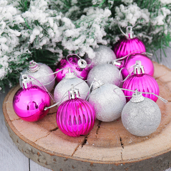 Шары новогодние "Домик" набор 12 шт 4*11,5*20 см, малиново-серебряные