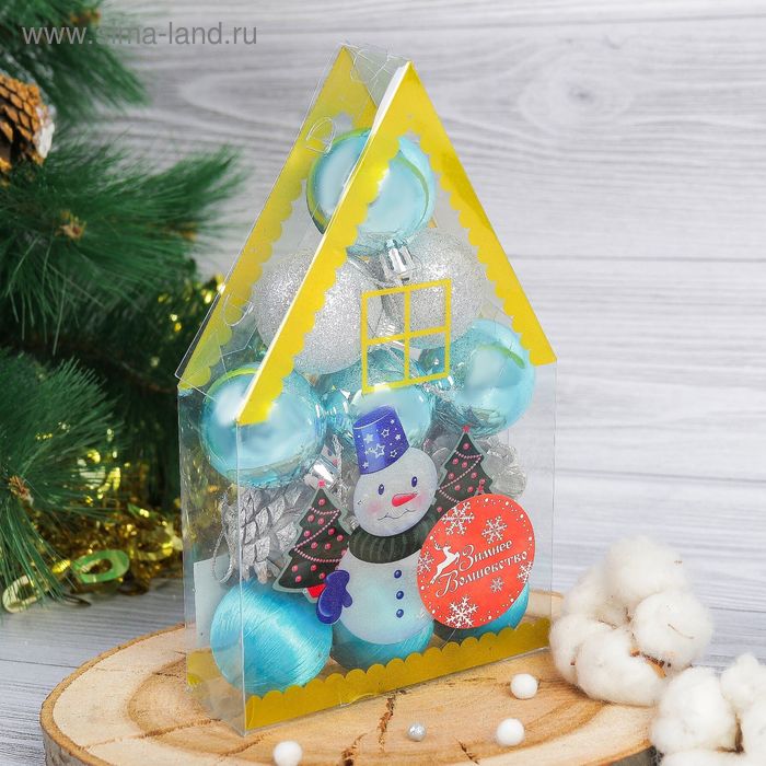 фото Набор украшений пластик 12 шт "домик" (9 шаров,3 шишки) 4х11,5х20 см серебро, голубой зимнее волшебство