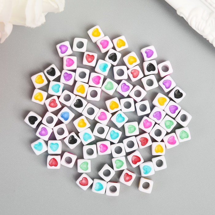 Набор бусин для творчества пластик "Сердечко на кубике" разноцветные 20 гр 0,7х0,7 см