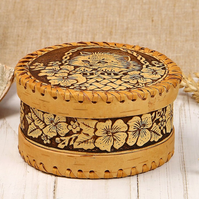 Шкатулка «Котик», 10,5×10,5×6 см, береста