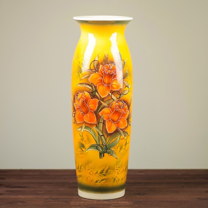Ваза напольная "Луиза" художественная роспись, цветы, жёлтый фон, микс