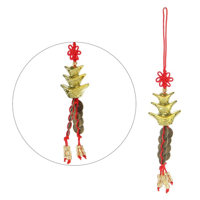 Подвеска 8 монет "Три золотых слитка с узлом счастья" 12 см