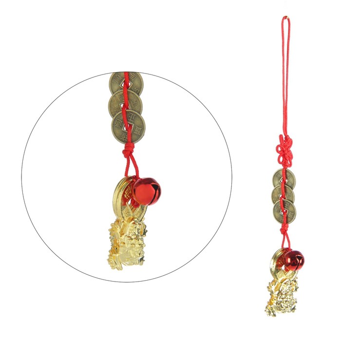 Подвеска 3 монеты + колокольчик "Две жабы с узлом счастья" 12 см