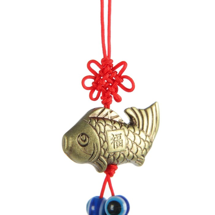 Подвеска 4 монеты, 6 глаз "Рыба с узлом счастья" 12 см