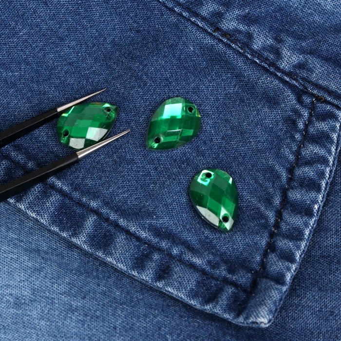 Стразы пришивные, 10*14мм, 20шт, в форме капли, цвет зелёный