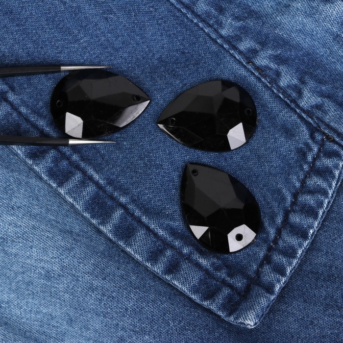 Стразы пришивные, 18*25мм, 10шт, в форме капли, цвет чёрный