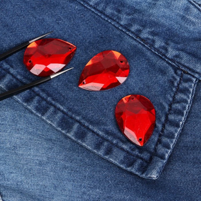 Стразы пришивные, 18*25мм, 10шт, в форме капли, цвет красный