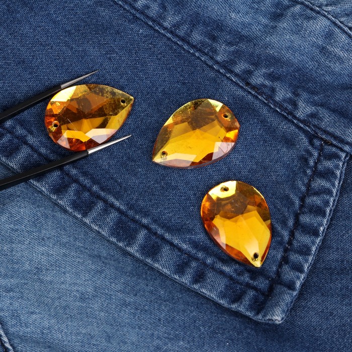 Стразы пришивные, 18*25мм, 10шт, в форме капли, цвет жёлтый