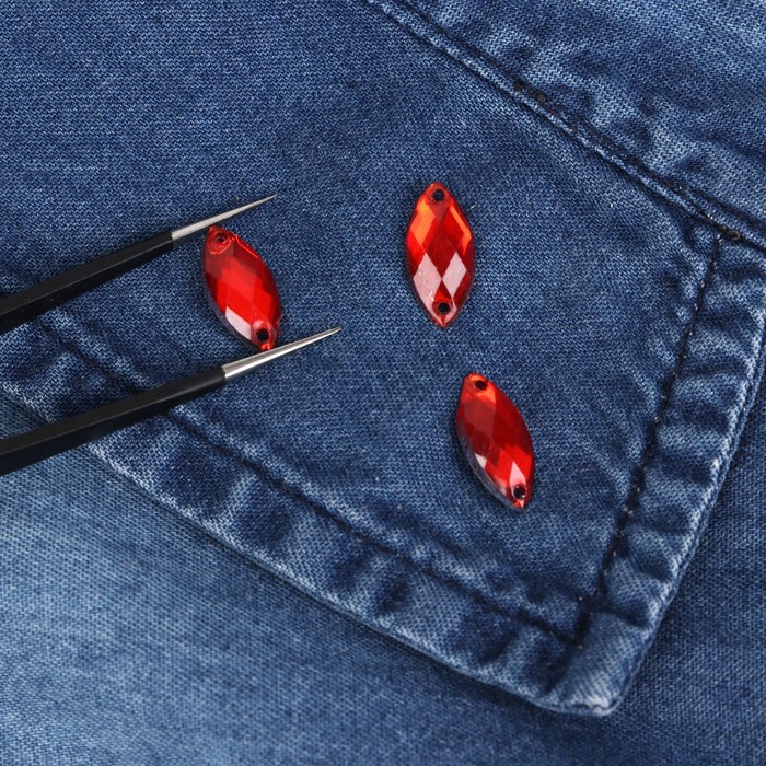 Стразы пришивные, 7*15мм, 50шт, в форме лепестка, цвет красный