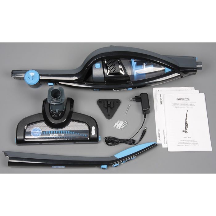 Пылесос Polaris PVCS 0418, 125 Вт, 0.5 л, вертикальный + ручной, черный/голубой