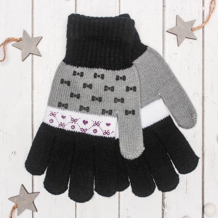 Перчатки с шерстью молодёжные Collorista "Бантики", размер 20 (р-р произв. 10), цвет серый (вид 1)