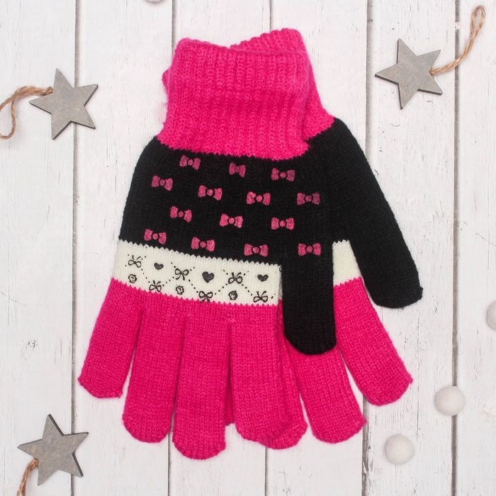 Перчатки с шерстью молодёжные Collorista "Бантики", размер 20 (р-р произв. 10), цвет фуксия