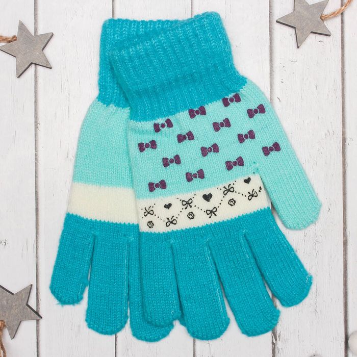 Перчатки с шерстью молодёжные Collorista "Бантики", размер 20 (р-р произв. 10), цвет голубой
