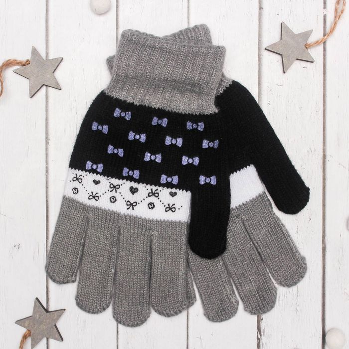 Перчатки с шерстью молодёжные Collorista "Бантики", размер 20 (р-р произв. 10), цвет серый (вид 2)
