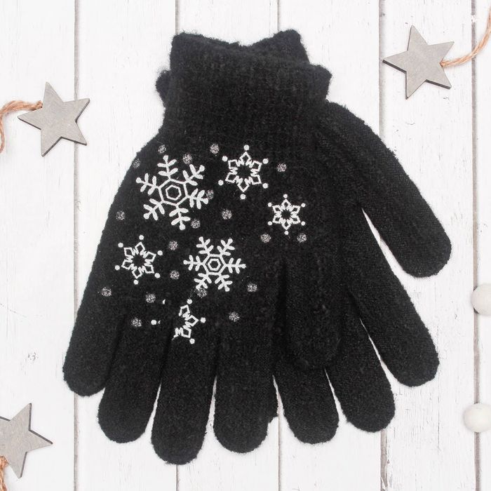 Перчатки с шерстью молодёжные Collorista "Снежинки", размер 20 (р-р произв. 10), цвет чёрный