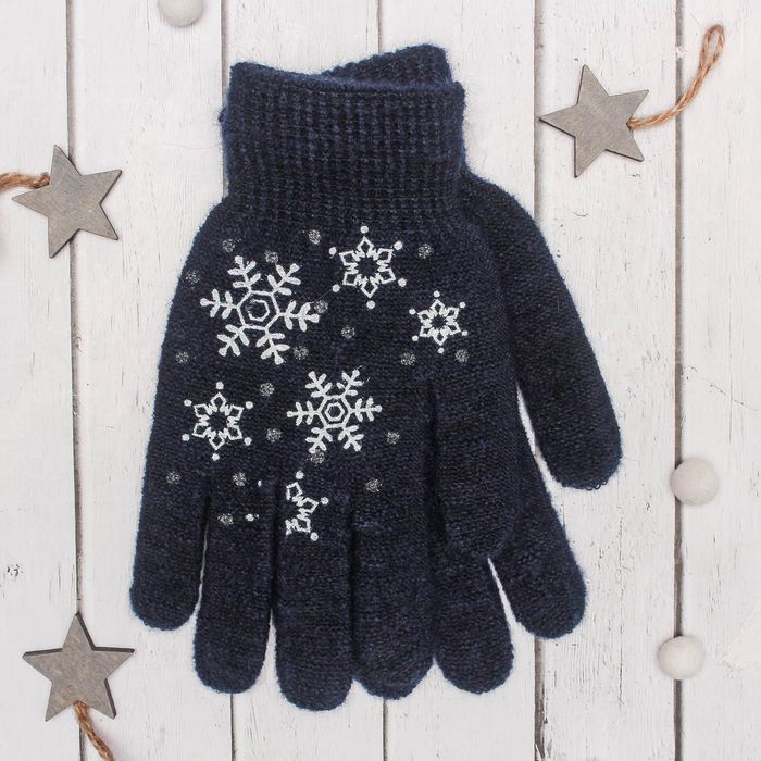 Перчатки с шерстью молодёжные Collorista "Снежинки", размер 20 (р-р произв. 10), цвет тёмно-синий