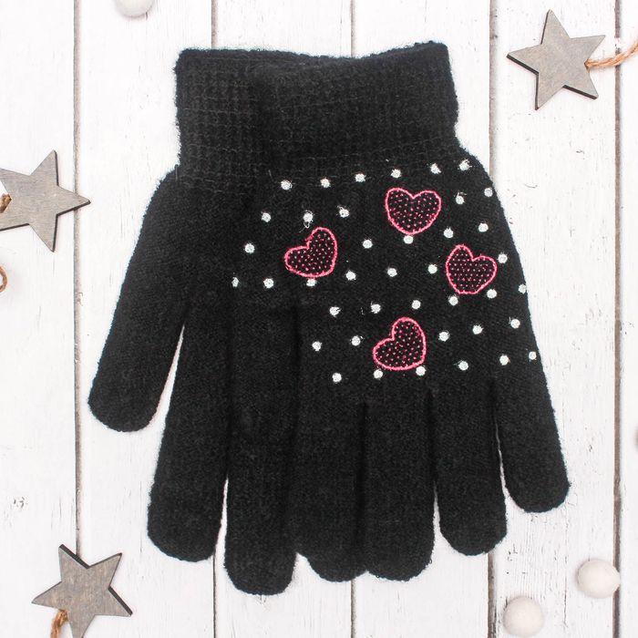 Перчатки с шерстью молодёжные Collorista "Сердечки", размер 20 (р-р произв. 10), цвет чёрный