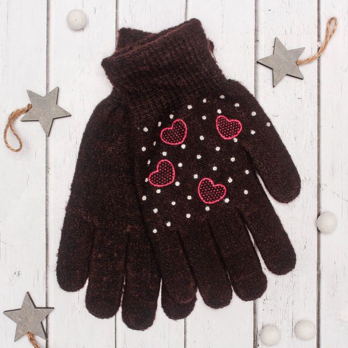 Перчатки с шерстью молодёжные Collorista "Сердечки", размер 20 (р-р произв. 10), цвет коричневый