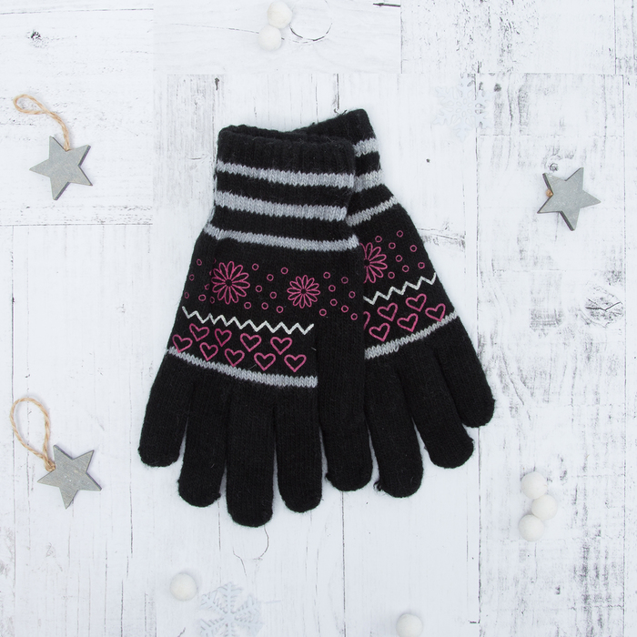 Перчатки с шерстью молодёжные Collorista "Цветы и сердечки", размер 19 (р-р произв. 9,5), цвет чёрный