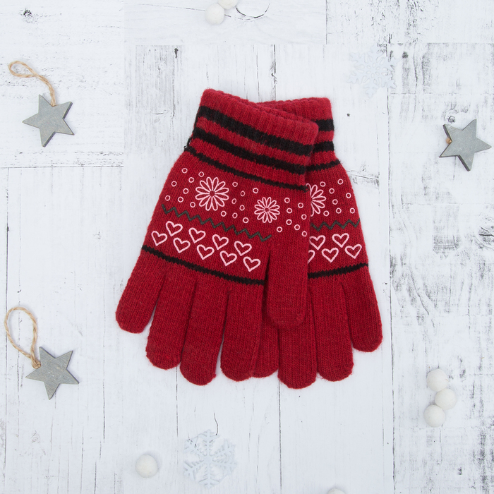 Перчатки с шерстью молодёжные Collorista "Цветы и сердечки", размер 19 (р-р произв. 9,5), цвет красный