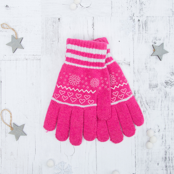 Перчатки с шерстью молодёжные Collorista "Цветы и сердечки", размер 19 (р-р произв. 9,5), цвет розовый