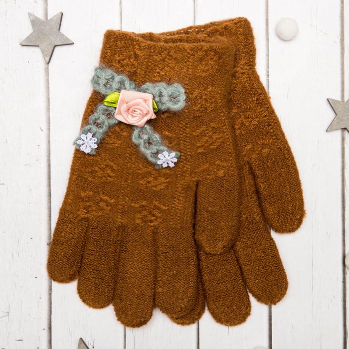 Перчатки молодёжные "Розочка", размер 20 (р-р произв. 10), цвет коричневый, аппликация МИКС 65576