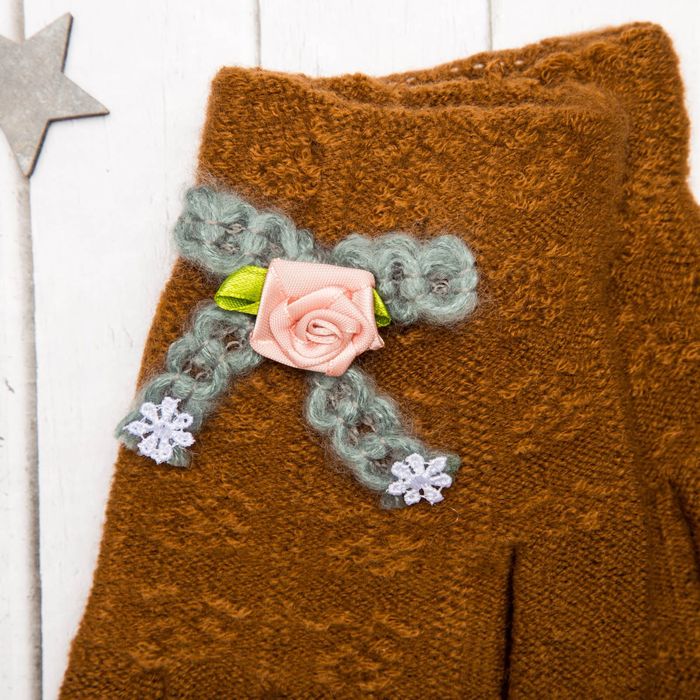 Перчатки молодёжные "Розочка", размер 20 (р-р произв. 10), цвет коричневый, аппликация МИКС 65576