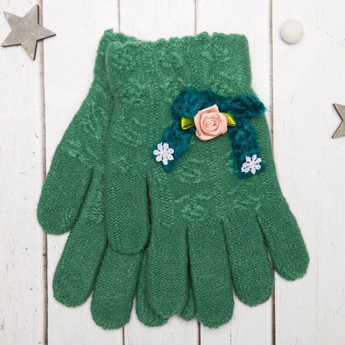 Перчатки молодёжные "Розочка", размер 20 (р-р произв. 10), цвет зелёный, аппликация МИКС 65576