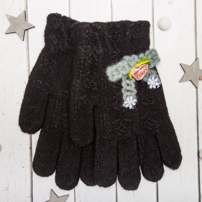 Перчатки молодёжные "Розочка", размер 20 (р-р произв. 10), цвет чёрный, аппликация МИКС 65576
