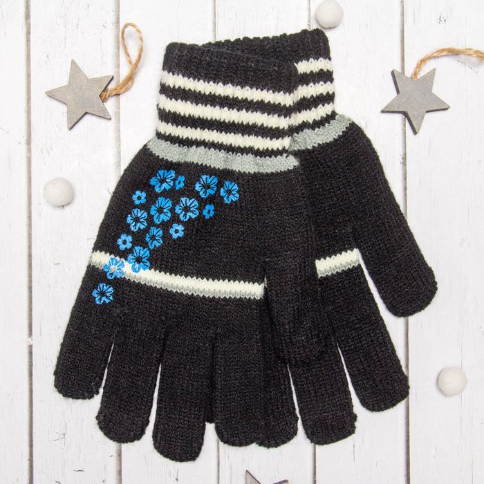 Перчатки молодёжные "Цветики", размер 22 (р-р произв. 11), цвет чёрный 65582