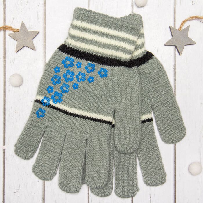 Перчатки молодёжные "Цветики", размер 22 (р-р произв. 11), цвет серый 65582