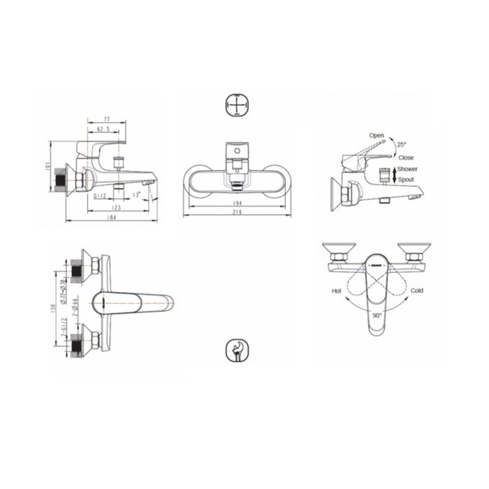 Смеситель для ванны BRAVAT ALFA, с коротким изливом