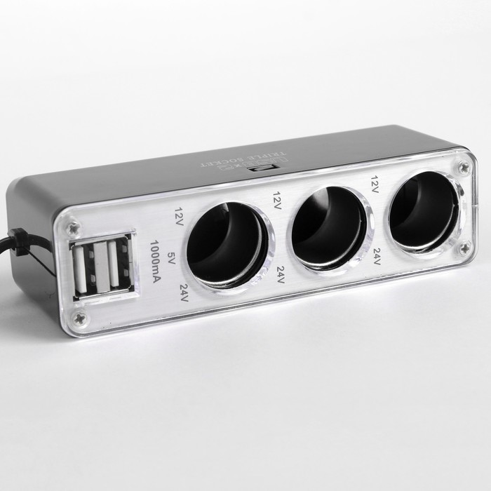 Разветвитель прикуривателя, 3 входа + 2 USB, 12/24 В, провод 65 см