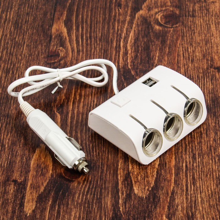 Разветвитель прикуривателя, 3 гнезда с подсветкой, 2 USB, 12/24 В, провод 70 см, белый