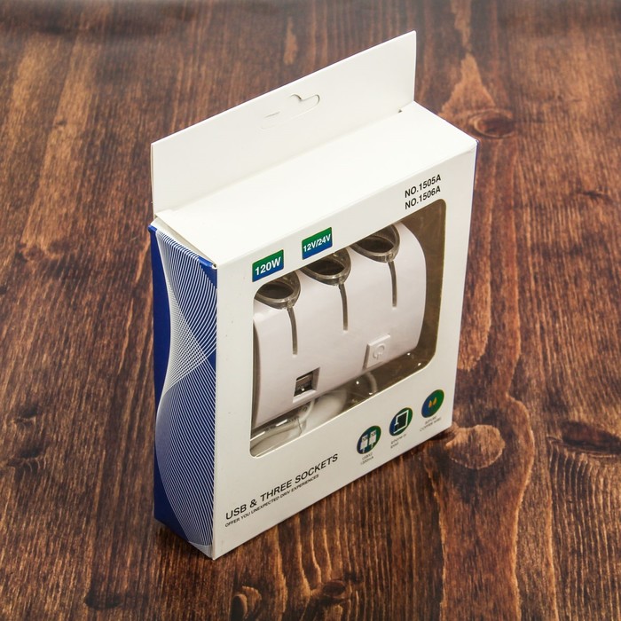 Разветвитель прикуривателя, 3 гнезда с подсветкой, 2 USB, 12/24 В, провод 70 см, белый