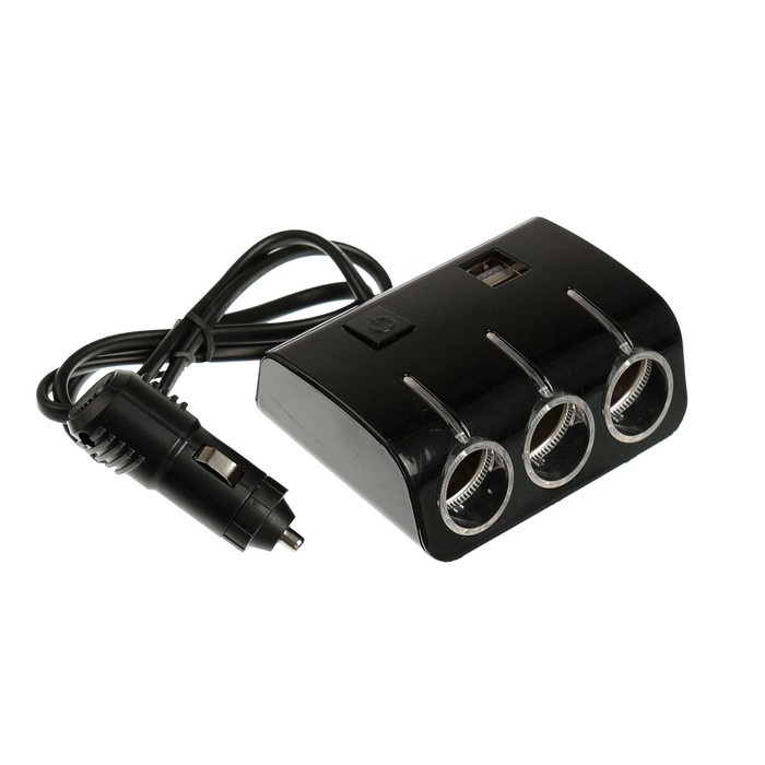 Разветвитель прикуривателя, 3 гнезда, 2 USB 1 А, 60 Вт, 12/24 В, подсветка, провод 70 см
