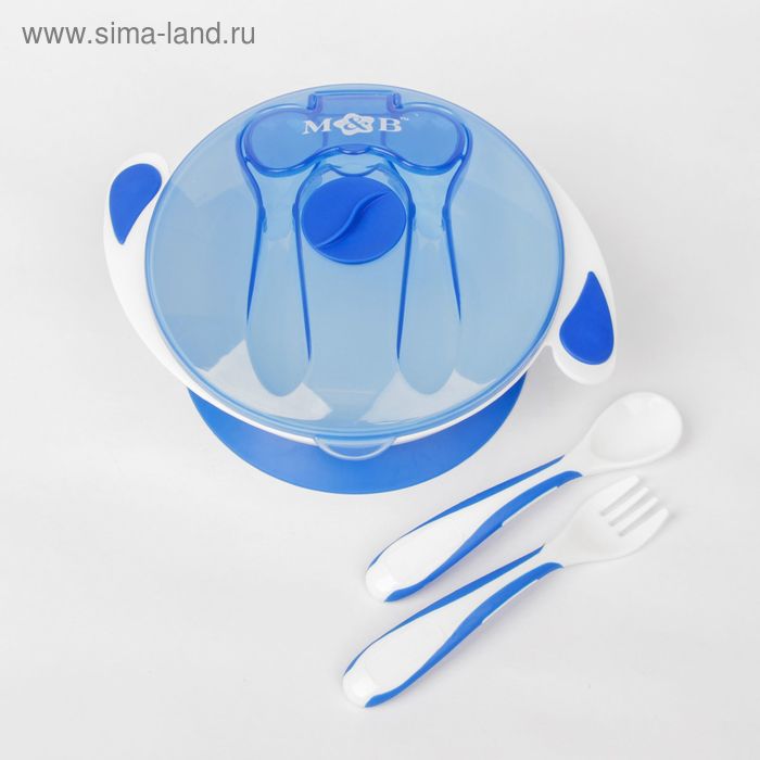 фото Набор детской посуды basic, 4 предмета: миска на присоске 400 мл, крышка, ложка, вилка, от 5 мес., цвет синий mum&baby