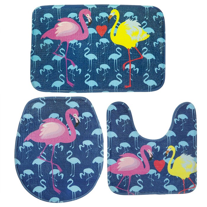 Набор ковриков для ванной и туалета "Фламинго" 3 шт, цвет синий