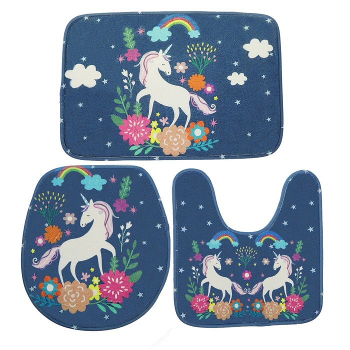 Набор ковриков для ванной и туалета "Единорог" 3 шт, цвет голубой