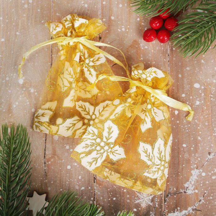 Мешочек новогодний "Рождественский мотив" 10*12, цвет золотой с белым
