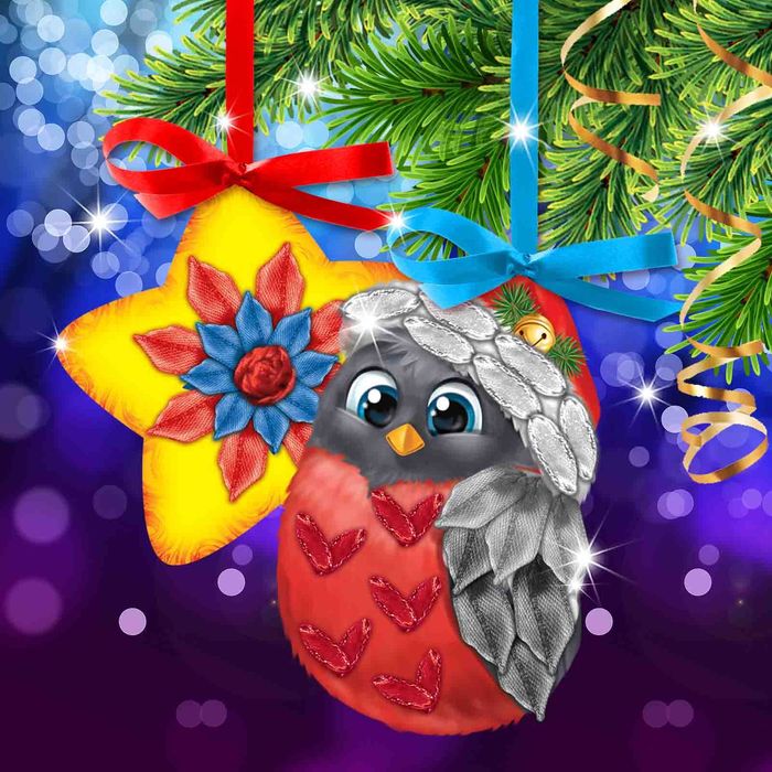 Новый год, вышивка лентами на елочной подвеске "Снегирь и звездочка", основа 25*35 см