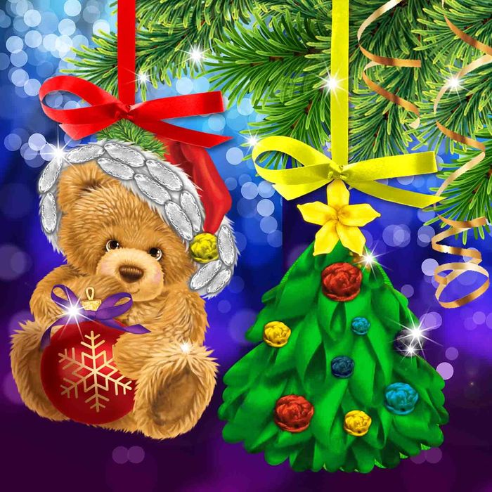 Новый год, вышивка лентами на елочной подвеске "Мишка и елочка", основа 25*35 см