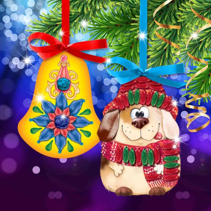 Новый год, вышивка лентами на елочной подвеске "Собачка и колокольчик",основа 25*35 см