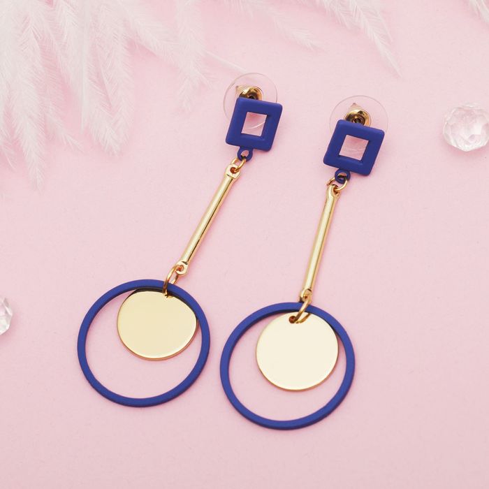Серьги металл "Новый стиль" круг висячий, цвет сине-золотой
